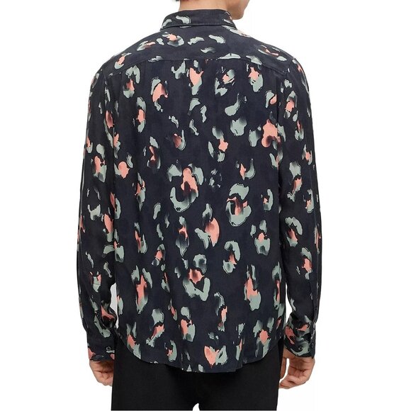 Hugo Boss Men's Long Sleeve HUGO Emero Abstract Viscose Shirt Straight Fit Black - Picture 3 of 6